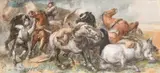 Frightened horses and their mounts gathered beneath a by Harden Sidney Melville, watercolour, sold Jun 2024