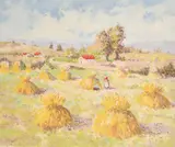 Figures in a field amongst hay stooks by Lélia Pissarro, serigraph, sold Jun 2024