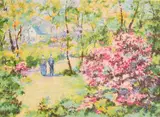 Figures on a woodland path with wildflowers in bloom by Lélia Pissarro, serigraph, sold Jun 2024