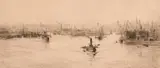 River scene with boats by William Lionel Wyllie, etching, sold Apr 2024