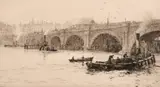 Old Waterloo Bridge from the South Bank by William Lionel Wyllie, etching, sold Apr 2024