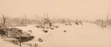 Boats moored along the Thames by William Lionel Wyllie, etching, sold Apr 2024