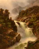 A river in torrent with a misty mountain view beyond by Johann Wilhelm Lindlar, oil on canvas, sold Apr 2024