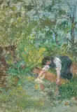 A female figure washing clothes by Marc Marie Mouclier, oil on canvas, offered Apr 2024