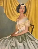 The Period Dress' a portrait of a seated female by Douglas Swainson, oil on board, sold Apr 2024