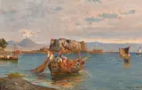 Italian, fishermen sorting their nets with the Castel dell'Ovo beyond by Giuseppe Carelli, oil on panel, offered Apr 2024