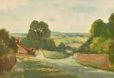 Figure walking on a country road by H. E. Lewis, oil on board, sold Apr 2024
