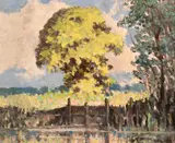 Study of a mature tree in sunlight by Hugh Boycott-Brown, oil on board, sold Apr 2024