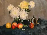 Still life study with flowers, apples and a tea pot by Lidiya Buharova-Sporykhina, oil on canvas, sold Apr 2024
