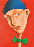 A stylised head study of a figure with a bow tie by Aleksey Kiryanov, acrylic on canvas, offered Apr 2024