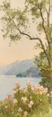 A coastal view with blossoming flowers in the foreground by Ella Du Cane, watercolour, sold Apr 2024