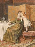 Mother and child taking tea in an interior by George Goodwin Kilburne, watercolour, sold Apr 2024