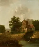 Figure on a horse and cart by a country mill by Patrick Nasmyth, oil on canvas, sold Mar 2024