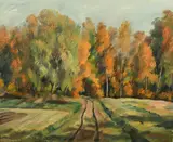An Autumn landscape with a pathway towards a wood by Reinhold von Rosen, 1932, oil on canvas, sold Mar 2024