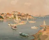 Australian, boats moored in Sydney Harbour by James Ranalph Jackson, oil on canvas, offered Mar 2024