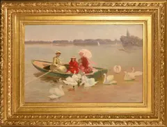 French, female figures on a boating lake feeding swans by Jules Scalbert, oil on canvas, offered Mar 2024