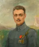 French, a portrait of a military officer wearing medals and with a landscape view beyond by Jeanne L. Jacontot Mahudez, 1920, oil on canvas, offered Mar 2024