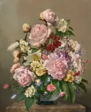 A still life of mixed flowers in bloom in a glass vase by John E. Nicholls, oil on canvas, sold Mar 2024