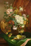 A still life of flowers in a vase with a glass by Eugène Henri Cauchois, oil on canvas, offered Mar 2024