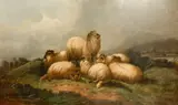 Sheep gathered by a mountain lake by Alfred Morris, oil on canvas, offered Mar 2024