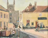 Cambridge, figures outside The Mill tavern by Chris Daynes, oil on board, offered Mar 2024