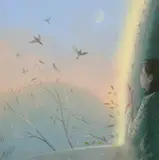 A female figure looking at swallows in a summer night sky by Nicholas Hely Hutchinson, oil on board, sold Mar 2024