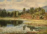 A Pre-Raphaelite study of a pond at Aviemore by Gertrude Martineau, 1883, watercolor, sold Mar 2024