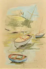 Boats moored in an estuary near Faversham by Phyllis Bray, watercolour, offered Mar 2024