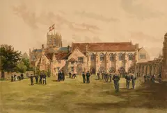 A hand coloured print of Sherborne School by Francis Philip Barraud, print, sold Mar 2024