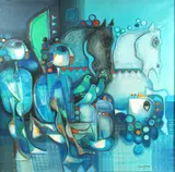 IRAQ: untitled composition with figures, horses, birds by Amer al-Obaidi, oil on canvas, offered Mar 2024