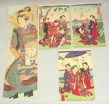 & CHIKANOBU YOSHI (1838-1912): BEAUTIES; two late 19th century original Japanese woodblock prints, one triptych and one diptych (five pieces) by Yoshitora Utagawa, print (other), sold Mar 2024