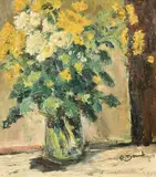 A still life of yellow and white flowers in a glass vase by Rose Domb, oil on canvas, sold Feb 2024