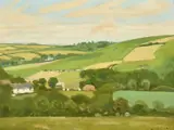 Farm buildings in a landscape of patchwork fields by Robert Morson Hughes, oil on board, sold Feb 2024