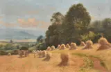 Figures resting at harvest time with a distant view beyond by Josiah Clinton Jones, oil on canvas, sold Feb 2024