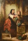 A mother and child beside a fountain with a mischievous dog in the by Alfred Fowler Patten, oil on canvas, sold Feb 2024