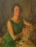 A portrait of an elegant lady in a green dress by Walter Russell, oil on canvas, sold Feb 2024