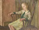 Portrait of a young girl seated in a chair by Sarah Hollebone, oil on canvas, sold Feb 2024