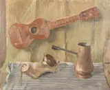 A still life of mixed objects including a ukelele by P McGinn, oil on canvas, sold Feb 2024