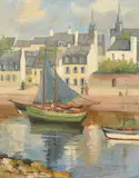 Scottish, boats with sails drying by a town quay by Lily Ogilvie, oil on canvas, sold Feb 2024