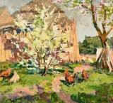 Chickens amongst blossoming trees in a farmyard by Anatoli Fomin, oil on canvas, sold Feb 2024
