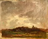 A view of a town seen from open fields under breaking skies by Wycliffe Egginton, oil on canvas, offered Feb 2024
