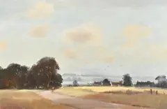 Figures on a country road approaching dwellings and a lake by Marcus Ford, oil on canvas, sold Feb 2024