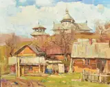 Ukraine, a temple and other buildings in a summer landscape by Sergey Kovalenko, 2010, oil on canvas, sold Feb 2024