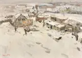 Ukraine, buildings in a winter landscape by Oleksandr Khrapachov, oil on canvas, sold Feb 2024