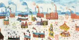 Figures at a fairground in an industrial landscape by Simeon Stafford, oil on panel, sold Feb 2024