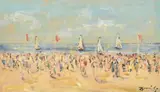 A scene of elegant figures on a beach with yachts beyond by Water John Beauvais, oil on board, sold Feb 2024