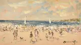 A scene of elegant figures on a beach with yachts beyond by Water John Beauvais, oil on board, sold Feb 2024