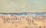 A scene of elegant figures on a beach with yachts beyond by Water John Beauvais, oil on board, offered Feb 2024