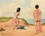 A male and female nude in a sand dune looking out to sea by Peter Driben, oil on canvas, sold Feb 2024