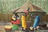 African figures preparing food in an outdoor kitchen by M. Soumah, oil on canvas, sold Feb 2024